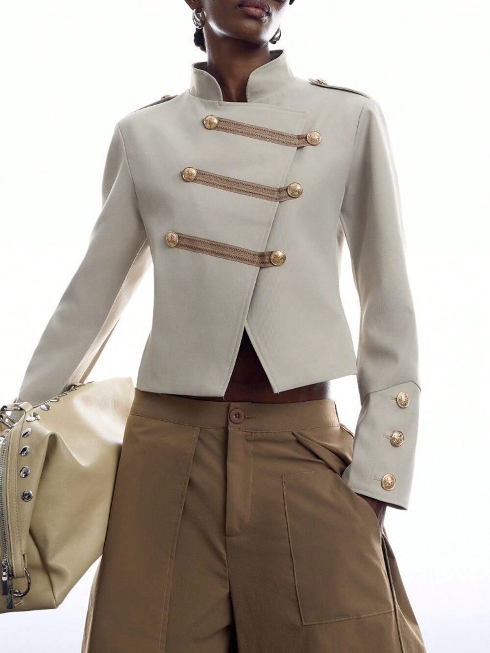 Beige Casual Women's Studs Decor Elegant Jacket